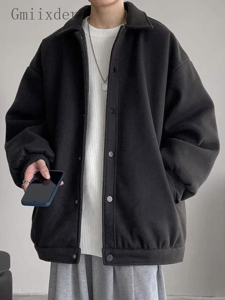

Winter Korean Tweed Jacket Men Oversize Thickening Lapel Woolen Coat Unisex Hong Kong Style Youth Button Up Simple Top