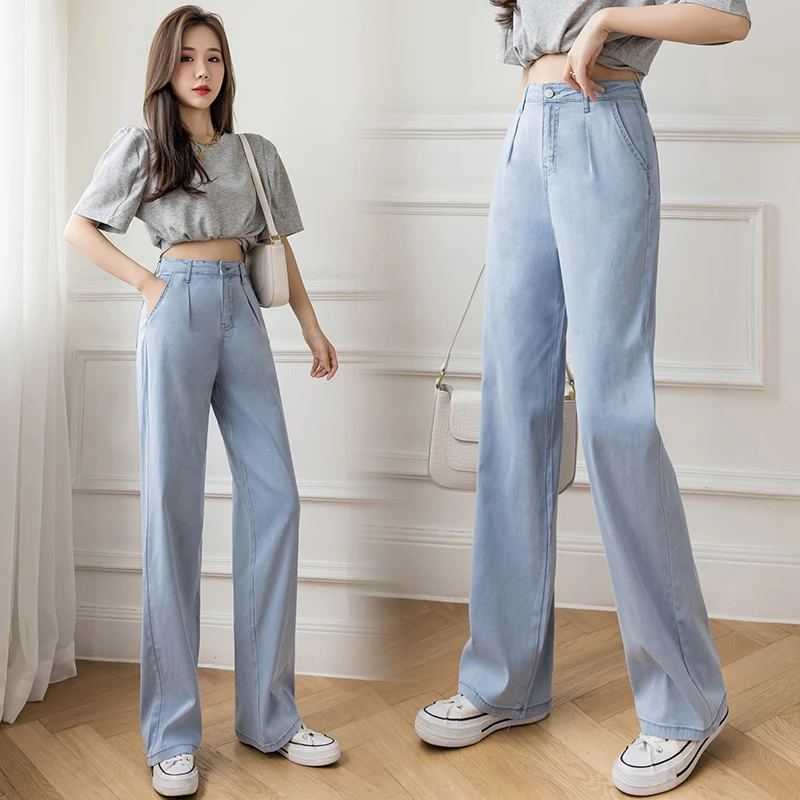 Women Casual High Waist Loose Thin Pants 2023 Summer Wide Leg Jeans Loose Ice Silk Straight Trousers Female Long Denim Pants Pop