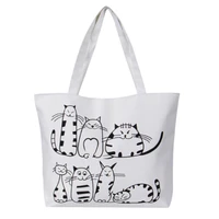 women shopping bag cat cartoon printed shoulder bag womens large capacity beach bag canvas tote shopping handbags ladies