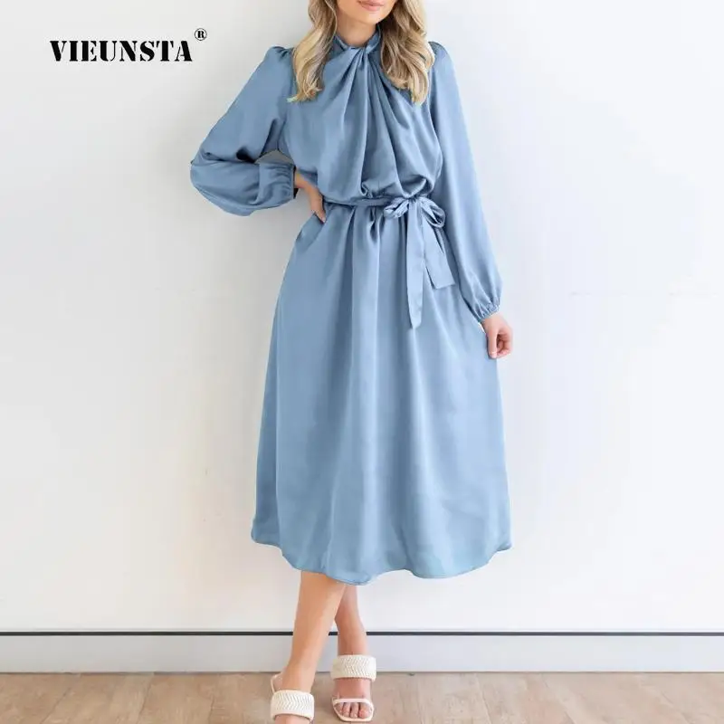 

Office Lady Folds Matte Satin Long A-line Dress Fashion Loose Lace-Up Commute Dress Spring Women Lantern Sleeve Maxi Party Dress