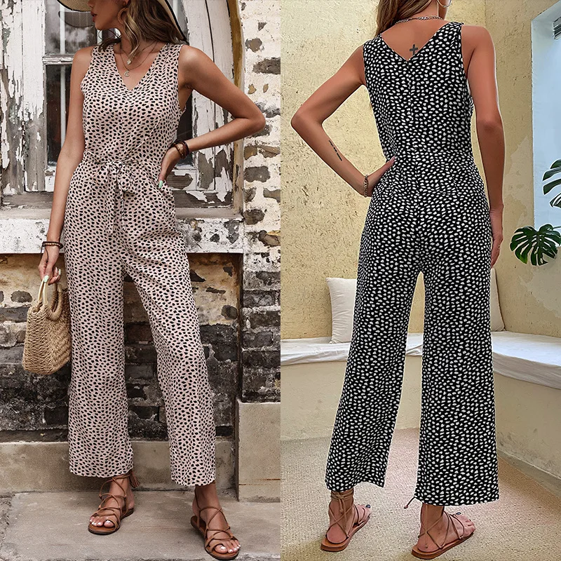 

Summer women's clothing 2022 new fashion casual pants V-neck printed stitching belt straight leopard print jumpsuit