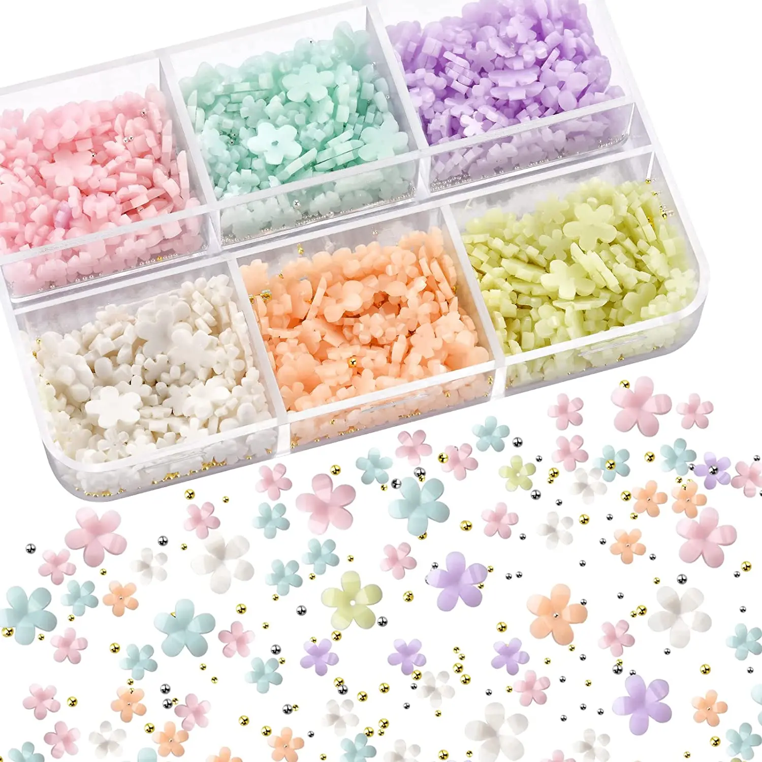 

1000PCS Nail Charms for Acrylic Nails 3D Acrylic Flower for Nails, With Gold Beads for Nail Art Accessories DIY Jewelry Parts