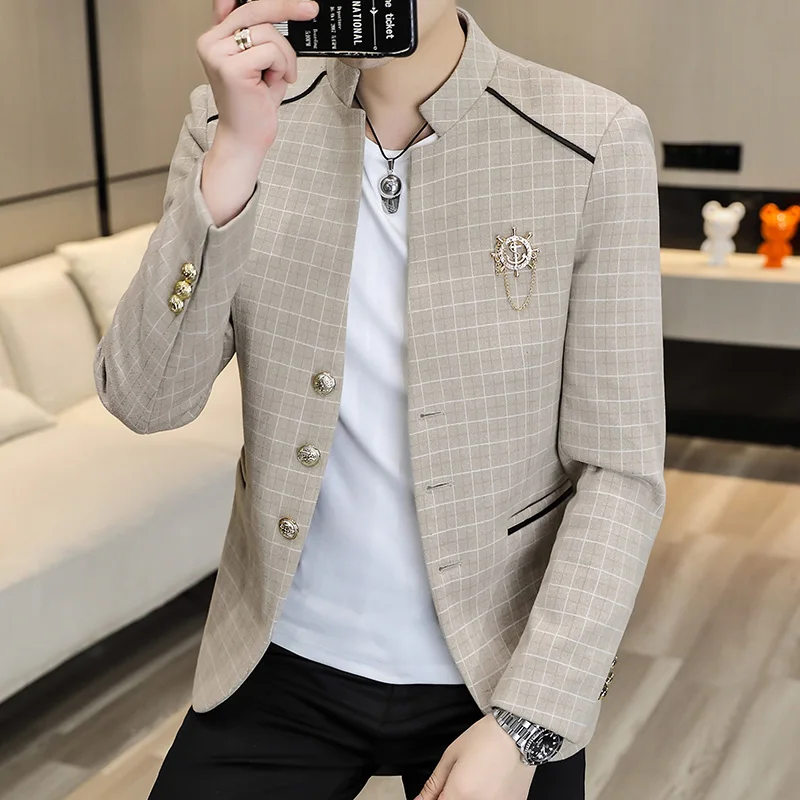 

New fashion and handsome casual boutique stand-up collar small suit tide brand design sense plaid Zhongshan suit suit west coat