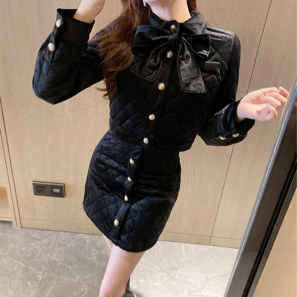 

Fall Winter Lightweight Warm Vintage Two Piece Set Women Bow Short Jacket Coat + Bodycon Skirt Suits Female 2 Piece Set 2022 New