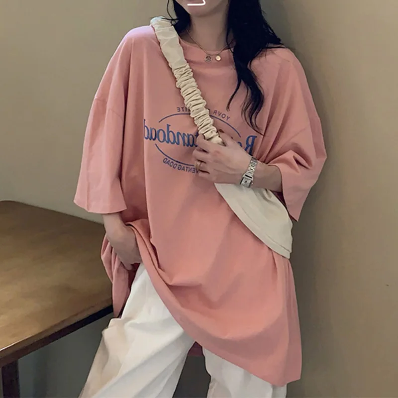 

Short Sleeve Pink Women T Shirts 2022 New Summer Korean Style Loose Casual Tops Tees Streetwear Letter Printed Female T-shirt