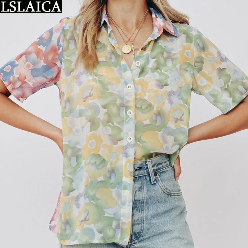 

Blouses for Women Fashion 2022 Summer Short Sleeve Turn-down Collar Ladies Tops Button Design Flroal Print Streetwear Shirts