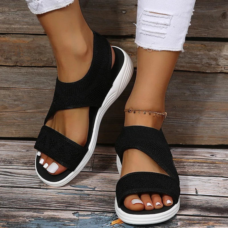 New Women Sandals Fashion Solid Color Mesh Hollow Wedge Casual Shoes Slip-on Light Comfortable Non-slip Flats Sandalia Feminina
