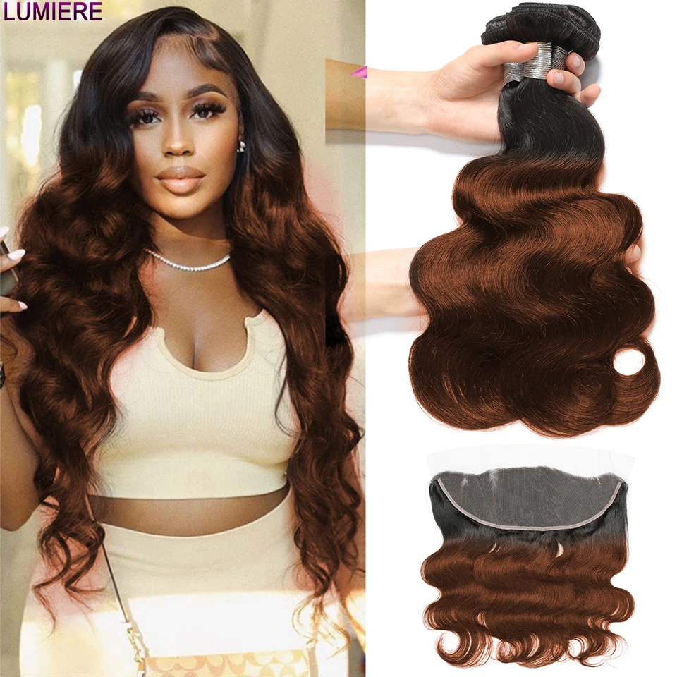 

Lumiere 10"-28" 100% Remy T1B/30 Body Wave Machine Double Weft Human Hair Bundles With 4X4 Closure And 13X4 Frontal For Women