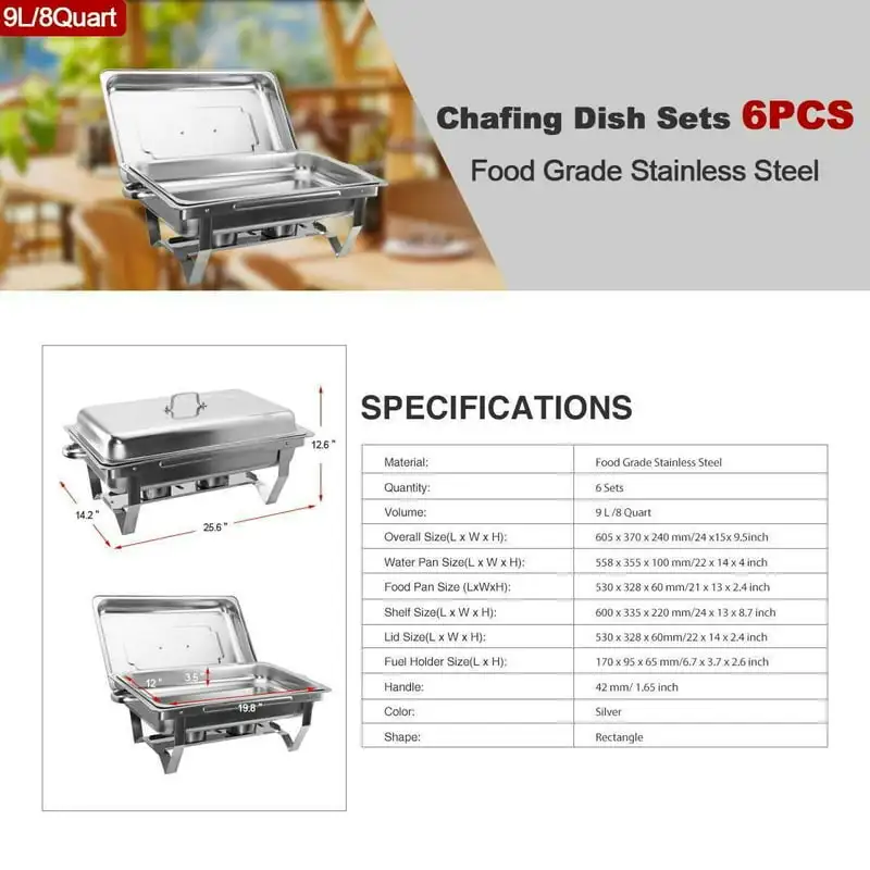 

9L/8Q Chafer Chafing Dish Sets Stainless Steel Catering Pans Food Warmer