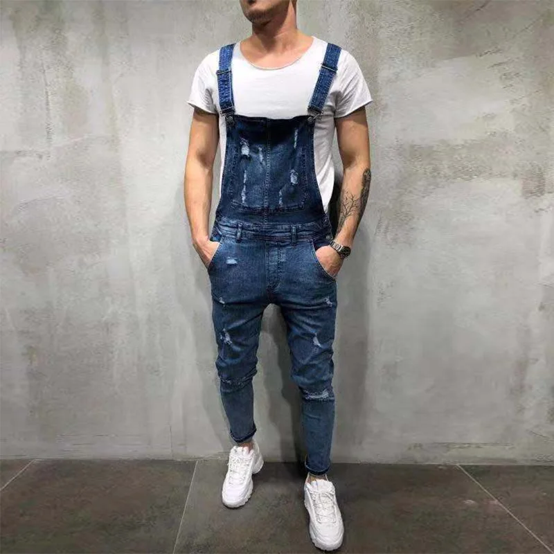 

Mens Jeans Holes Trousers Spring Autumn New Bibs Cargo Pants Overalls Full Length Denim Jumpsuits Mameluco Hombre Trabajo