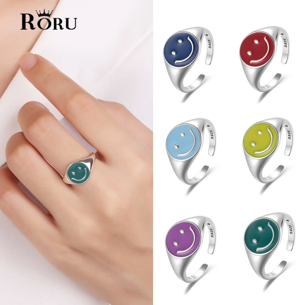 

RORU 925 Sterling Silver Smiley Face Ring Enamel Dripping Oil Colorful for Female Women Cute Jewelry Aesthetic Gifts Accessories