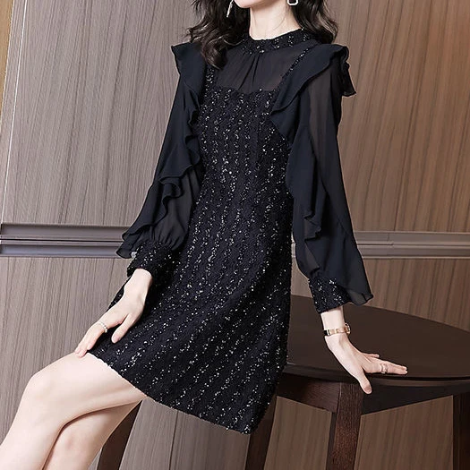 

Little black dress 2021 new female autumn black spring and autumn long-sleeved autumn dress vestido midi elegante