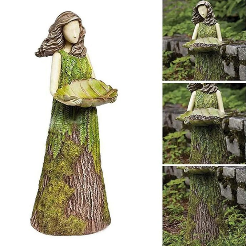 

Лесная девушка, кормушка для птиц, папоротник, зеленый спиртовой статуэтка, ремесла из смолы, лесное раннее украшение, садовые статуи