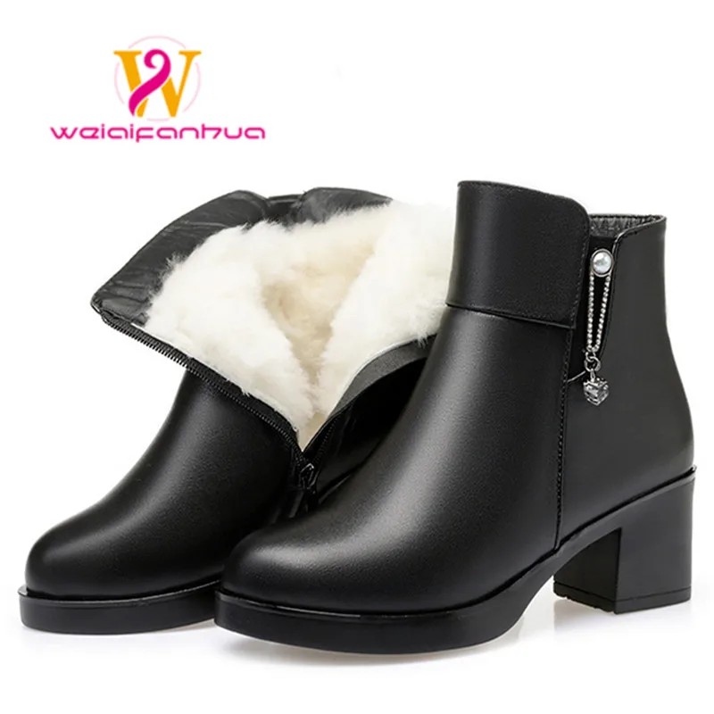 

Women's winter boots handmade leather wool warm pointed toe heels women's dress boots large size 41 42 43 ankle boots for women