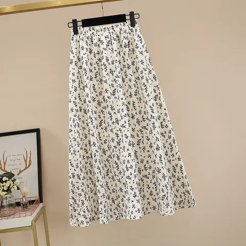 Summer Women Floral Print Long Skirt Japan Style High Elastic Waist Mid Calf Loose A-line Skirt Female Casual Elegant Skirt