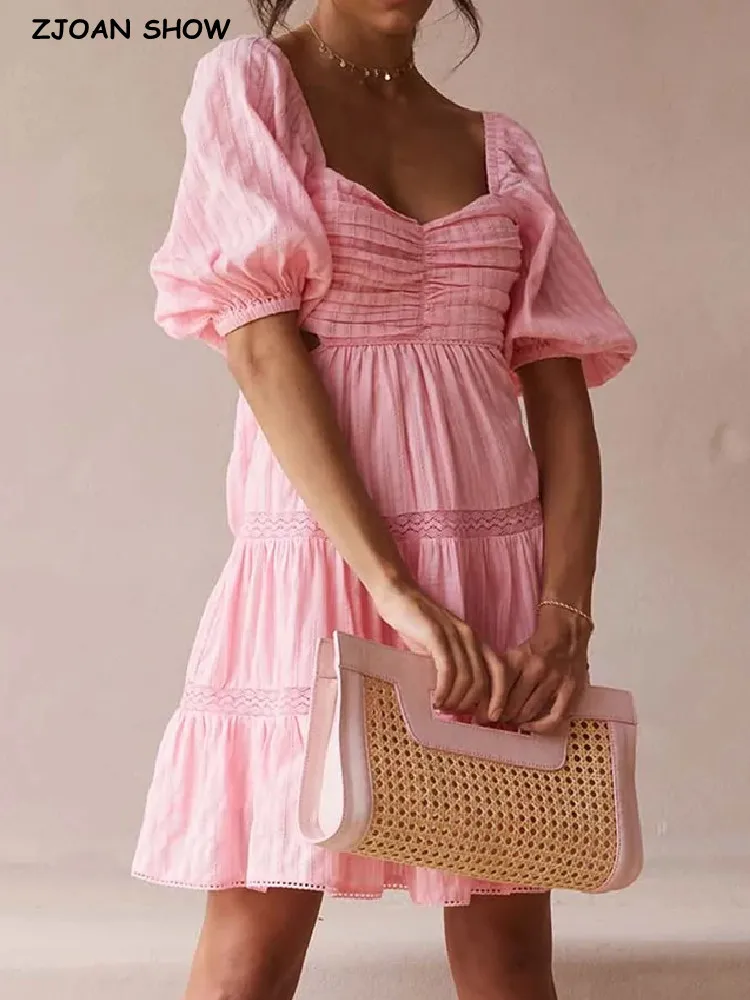 

Sweet Pink Spliced Lace Square Collar Lantern Sleeve Women Mini Dress Princess Tie Bow Back Backless Holiday Robe Summer Vestido