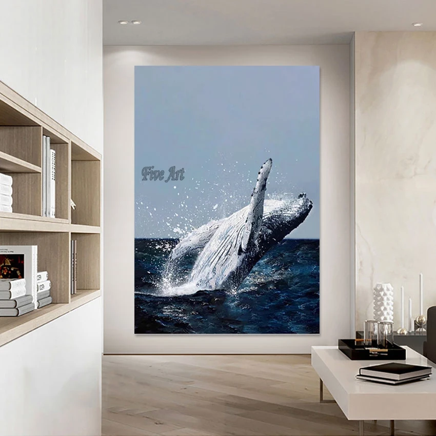 Высокое качество 3D нож картина маслом с ручной росписью кита на холсте обои для