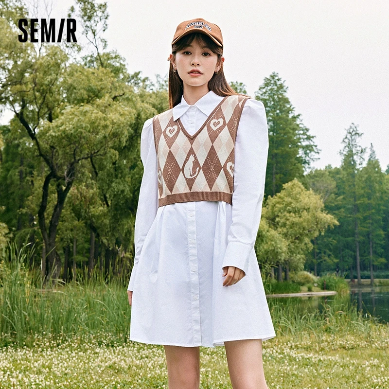 

Платье-рубашка Semir женское однотонное, элегантное модное дизайнерское платье в стиле ретро, жилет с ромбовидным узором, осень