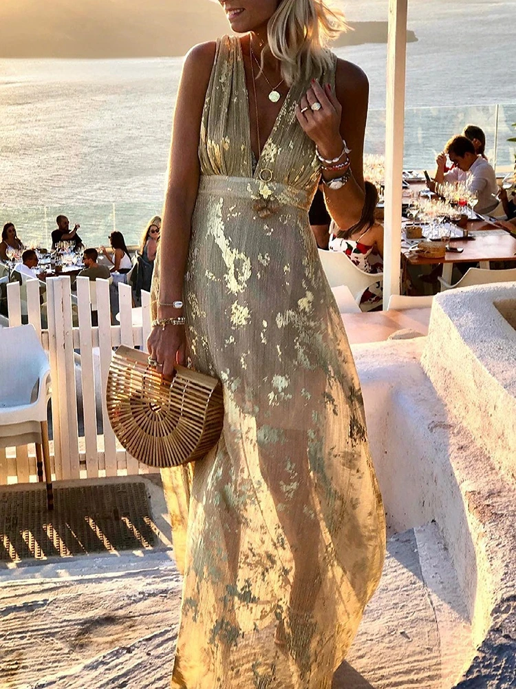 

Women Deep V-Neck Maxi Party Dress Summer Patchwork Sleeveless Solid Casual Holiday Ladies Dress Elegant Streetwear Dropshipping