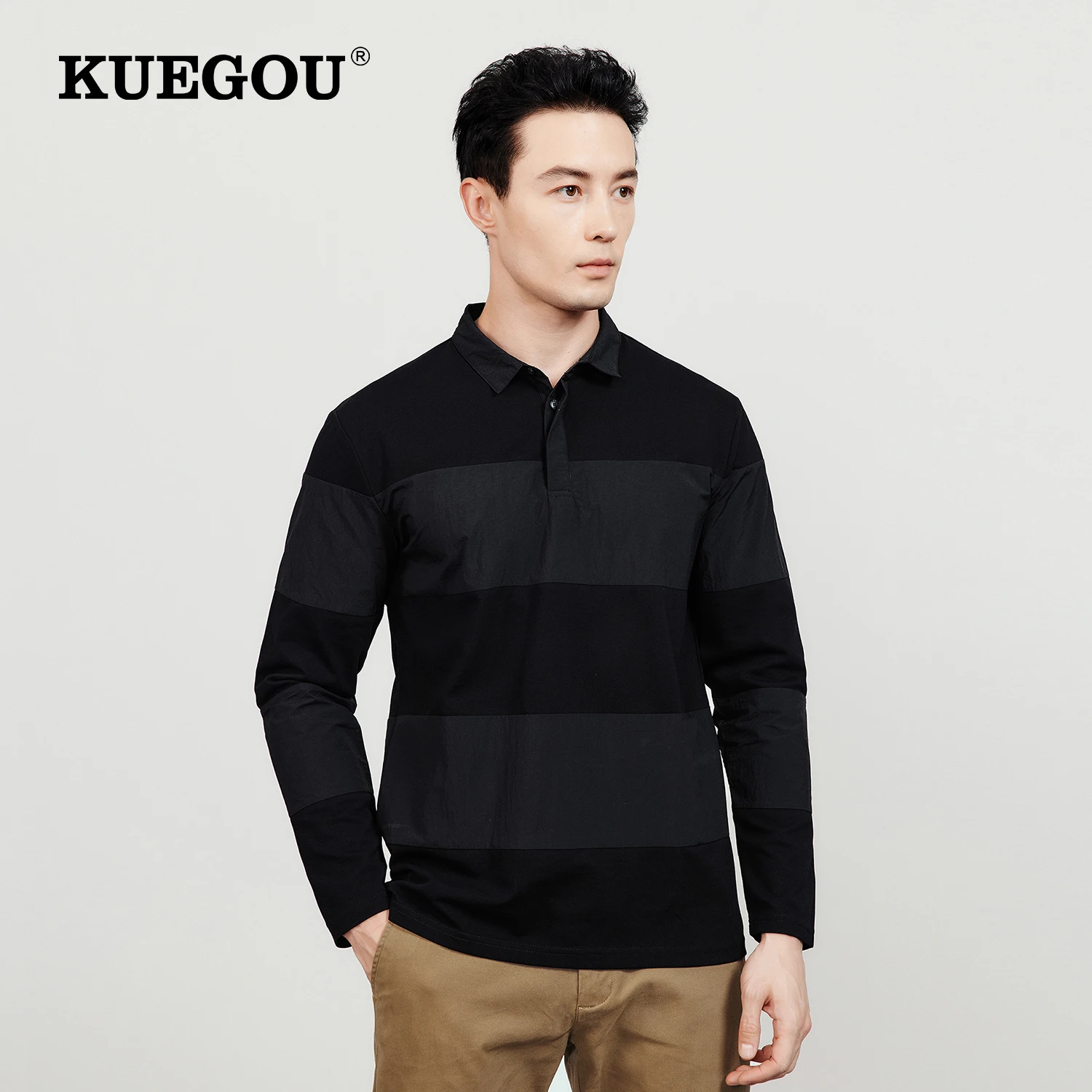 

KUEGOU 2022 Autumn Cotton Print Black Polo Shirt Men Fashion Long Sleeve Slim Poloshirt For Male Brand Plus Size Clothes 60019