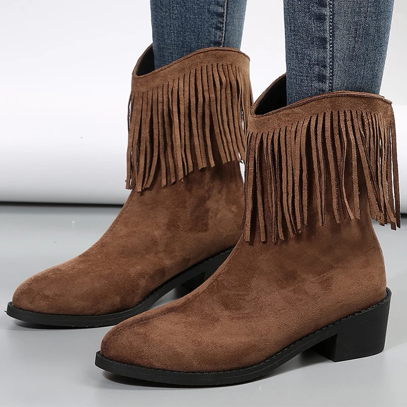 

Women Boots 2023 Sexy Suede Ankle Chelsea Boots Designer Zipper Mid Heels Shoes Winter Pointed Toe Party Mujer Snow Botas Pumps