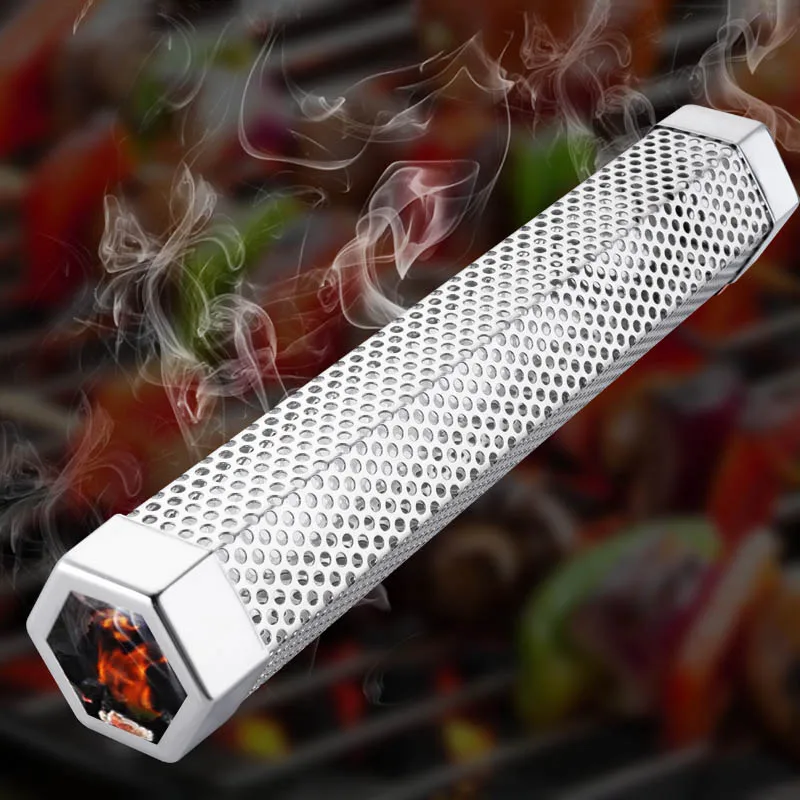 

1Pcs 304 Stainless Steel Smoking Mesh Tube Smoke Generator Silver BBQ Grill Pellet Smoker Hexagonal Prism kitchen Supplies