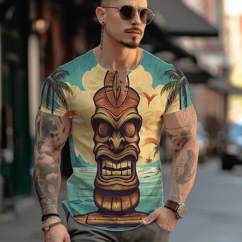 

Summer Loose Casual T -shirt Basic Short -sleeved T -shirt Fashion Retro T -shirt Egypt 3D Printed T -shirt Buttons T -shirt