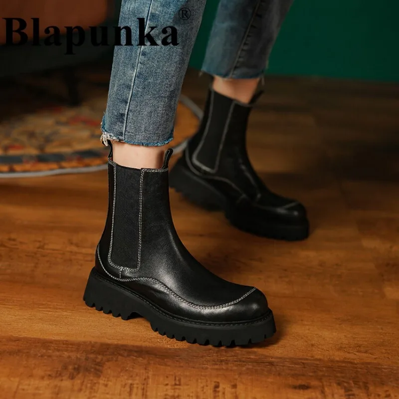 

Женские ботинки челси из натуральной кожи Blapunka, белые короткие ботинки на массивной платформе с круглым носком, модная обувь ручной работы в стиле ретро