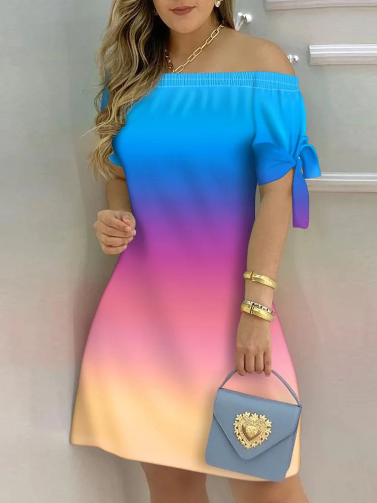 

Ombre Colorblock Off Shoulder Tie Detail Casual Dress Women