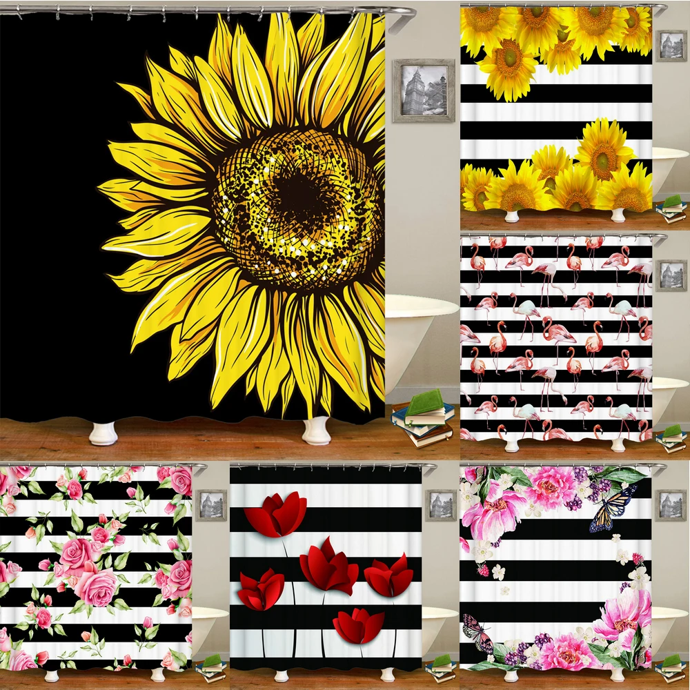 

Black White Stripes Flower Sunflower Printed Shower Curtain Bath Curtain Frabic Waterproof Polyester Bathroom Curtain with Hooks