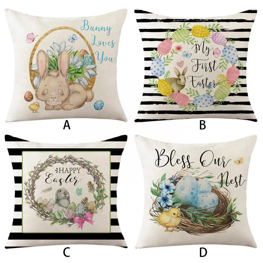 

2022 Easter Decoration Cushion Cover Carrot Bunny Easter 45x45cm Pillowcase Printed Linen Eggs Cover Pillow Decorative Home Q3e9