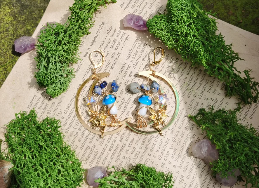 2022 Mushroom Tree Standing on Moon with Fairy Earrings Mushroom Dangle Drop Earrings