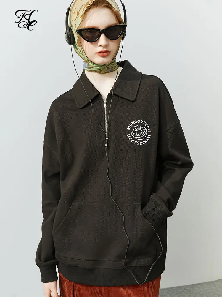 

FSLE Polo Neck Women Black Casual Sweatshirts Embroidered Design Zip-Fly Pullovers Women Drop Sleeve Loose Winter Cotton Tops