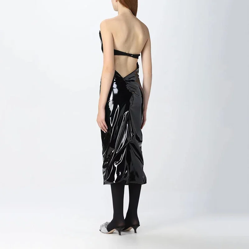 Женское блестящее платье-миди из лакированной кожи без рукавов искусственного