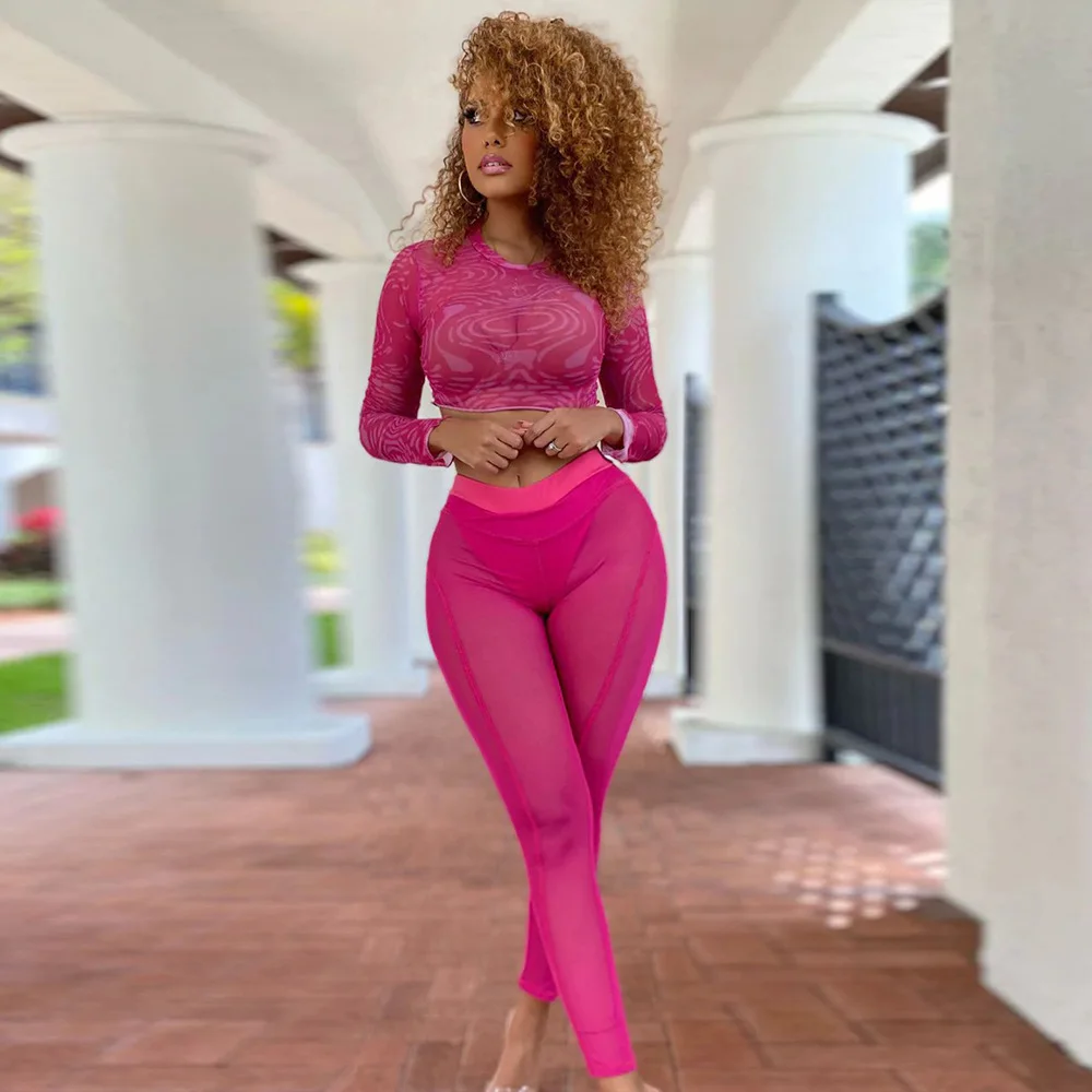 

Женский комплект из двух предметов, короткий топ с длинным рукавом и прозрачные сетчатые брюки