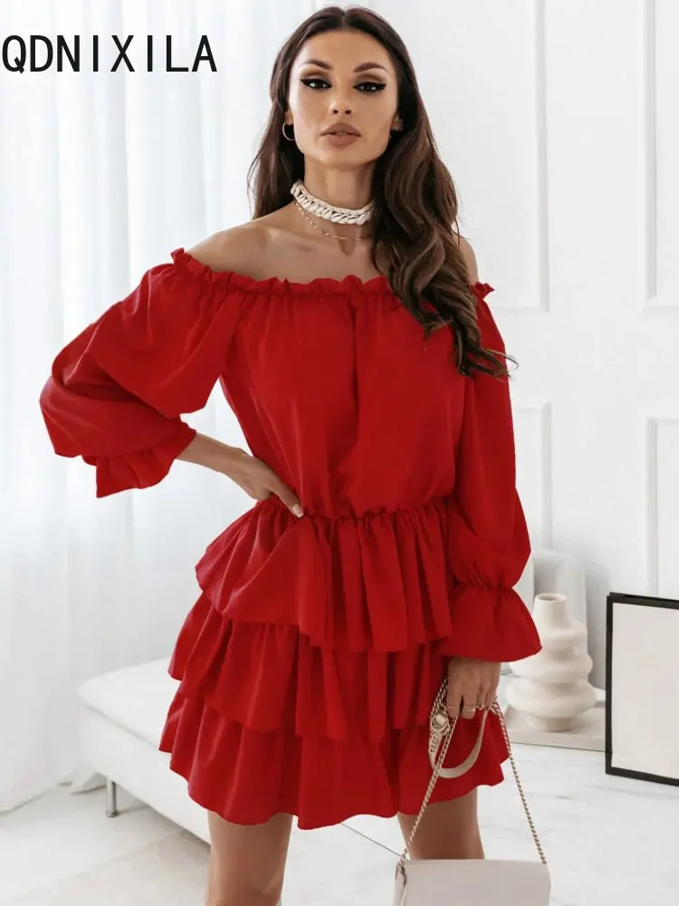 

2023 Spring Summer Dress for Women Fashion Solid Color One-necked Off-shoulder Irregular Sexy Long Sleeve Mini Dress Streetwear