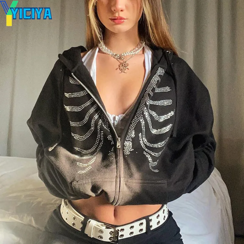 

YICIYA осенние черные толстовки женские Стразы толстовки на молнии готические черные женские куртки с капюшоном Y2K уличная одежда пальто