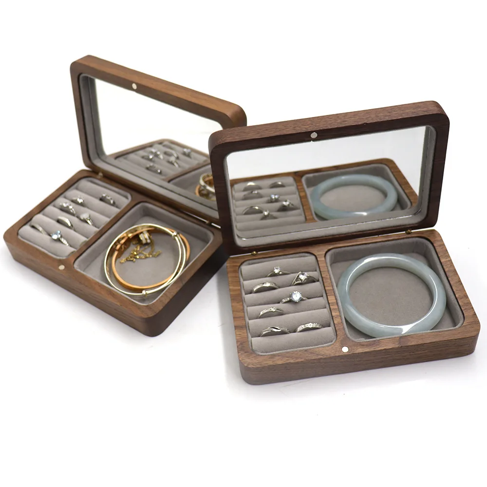 Wood Custom Wedding Valentine Walnut Proposal Engagement Ring Holder Box Packaging Earring Makeup Gift Case with Mirror
