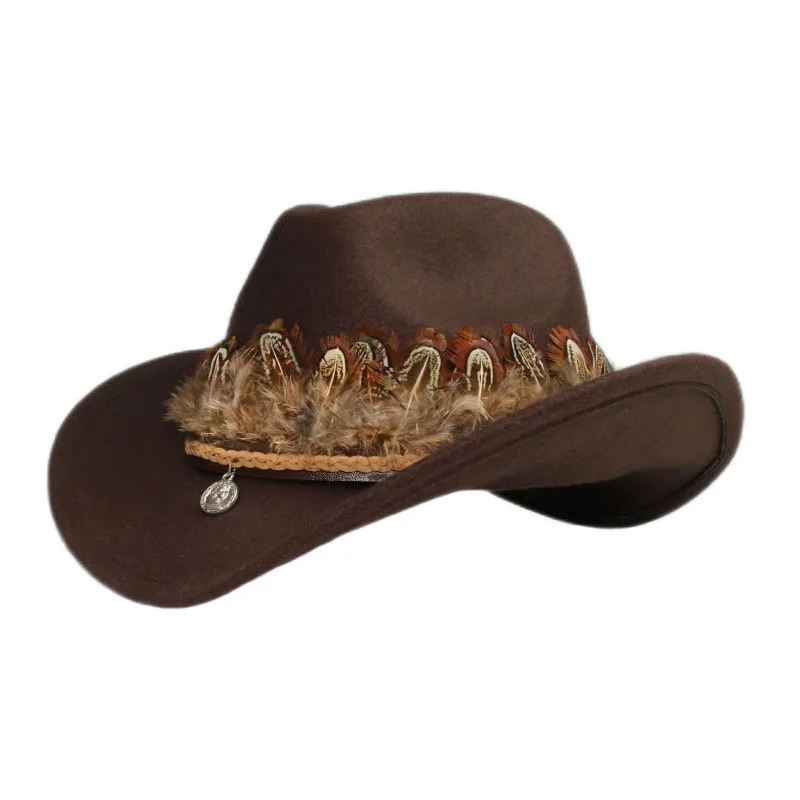 

Retro Tibetan Style Feather Leather Band Women Men /Kid Child Wool Wide Brim Cowboy Western Hat Cowgirl Bowler Cap (54-57-61cm)