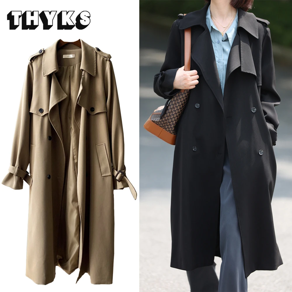 Black Trench Coat for Women Double Breasted Coat Long Jacket with Belt Women's Windbreaker Luxury Fashion Korean Style Overcoat