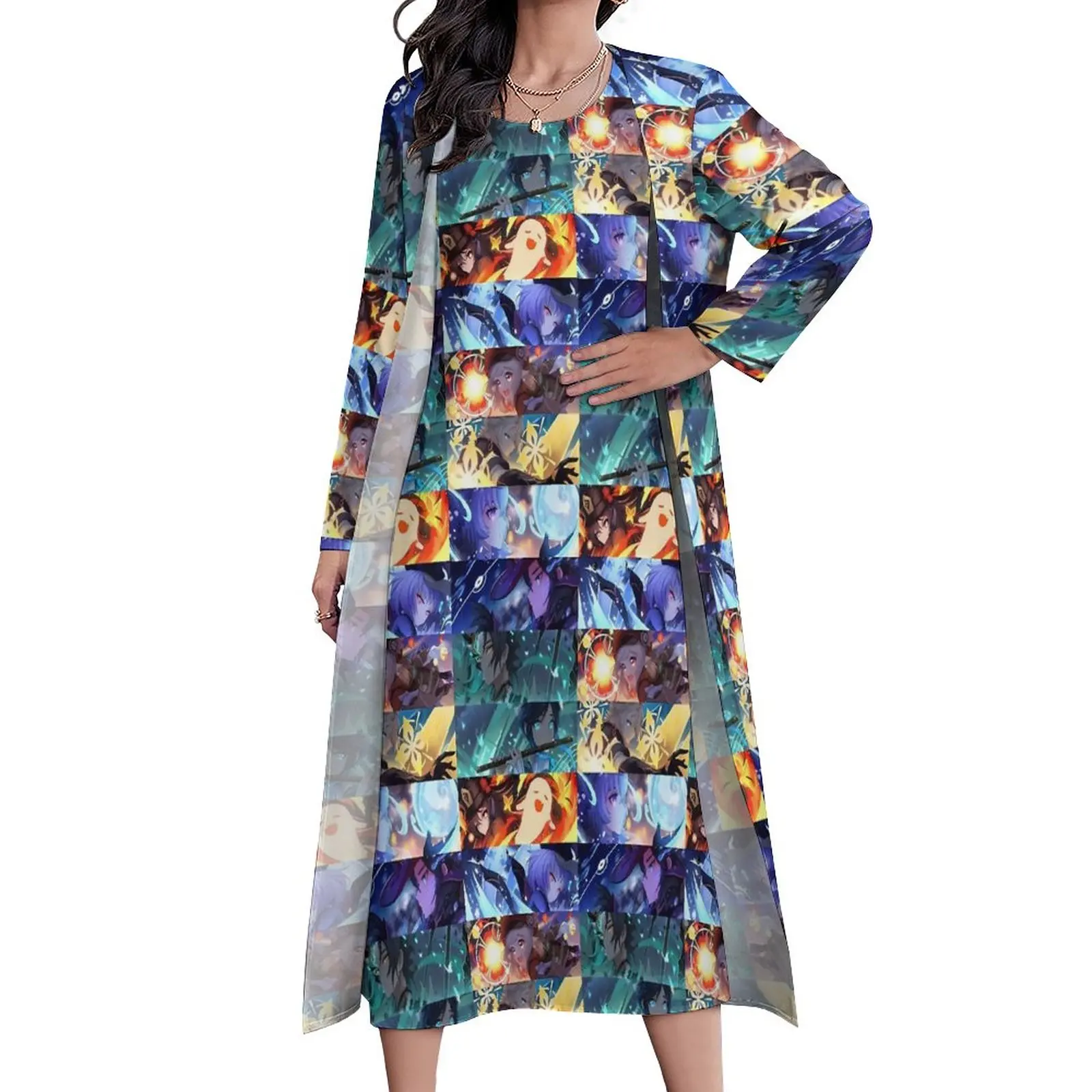 

Genshin Impact Dress Summer Cartoon Print Streetwear Casual Long Dresses Female Custom Party Maxi Dress 3XL 4XL 5XL
