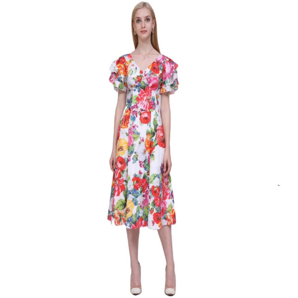 

2022 Summer New Fashion V-neck Temperament Commuter Floral Slimming Mid-length Dress Women