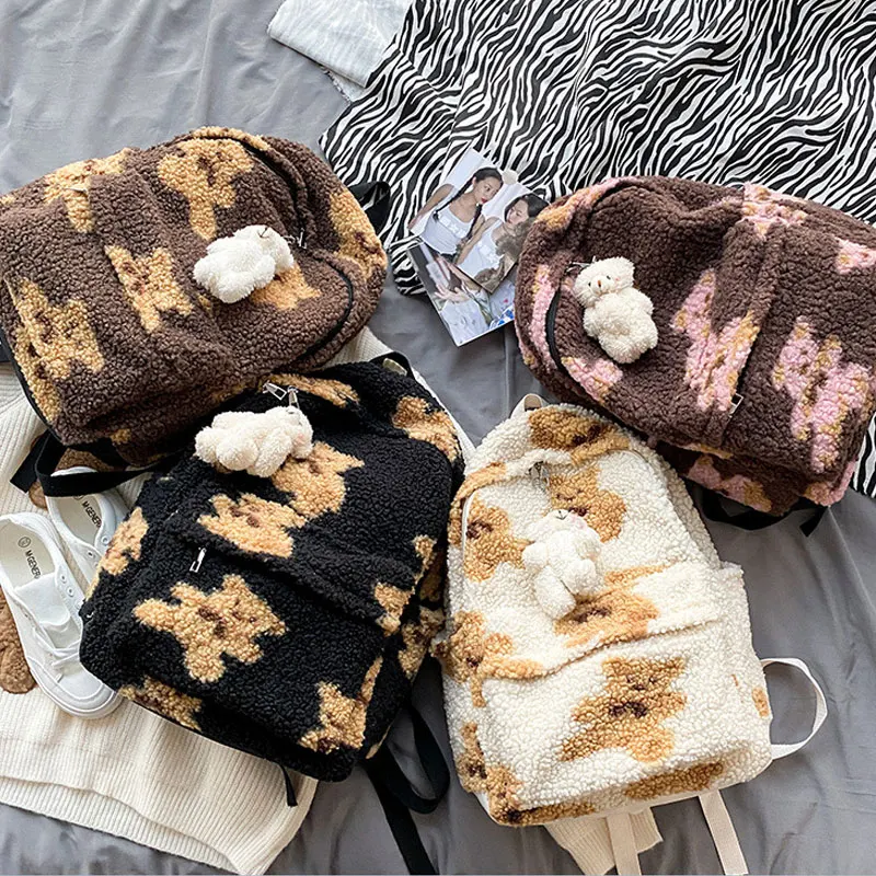 

Женский рюкзак с имитацией овечьей шерсти, школьные ранцы для девочек-подростков с принтом медведей, милый ранец