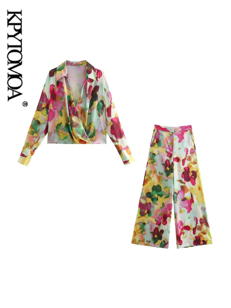 

KPYTOMOA Women Fashion Pleats Hem Printed Wrap Blouses And High Waist Zipper Fly Wide Leg Pants Female Two Piece Sets Mujer