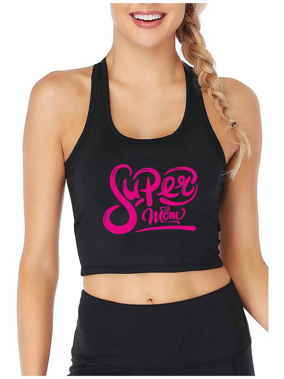 

Mothers Day Design Super Mom Print Sexy Slim Fit Crop Top Women's Cotton Sports Fitness Tank Tops Customizable Funny Camisole