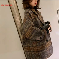 winter korean overcoat women 2020 vintage woolen loose coats female elegant plaid jacket double breasted turn down collar coat