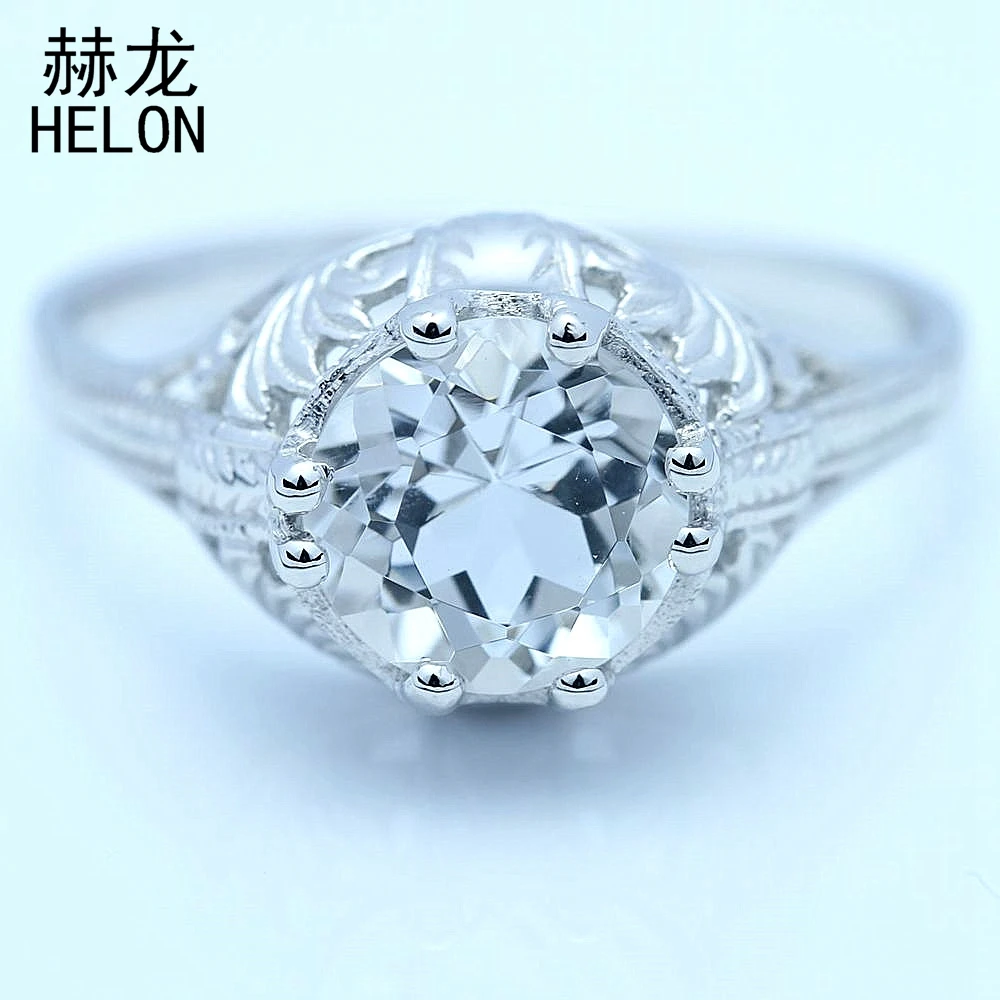 

HELON Solid 14k 10k White Gold Flawless 8mm Round Genuine White Topaz Gemstone Ring Women Vintage Style Fine Jewelry Gift