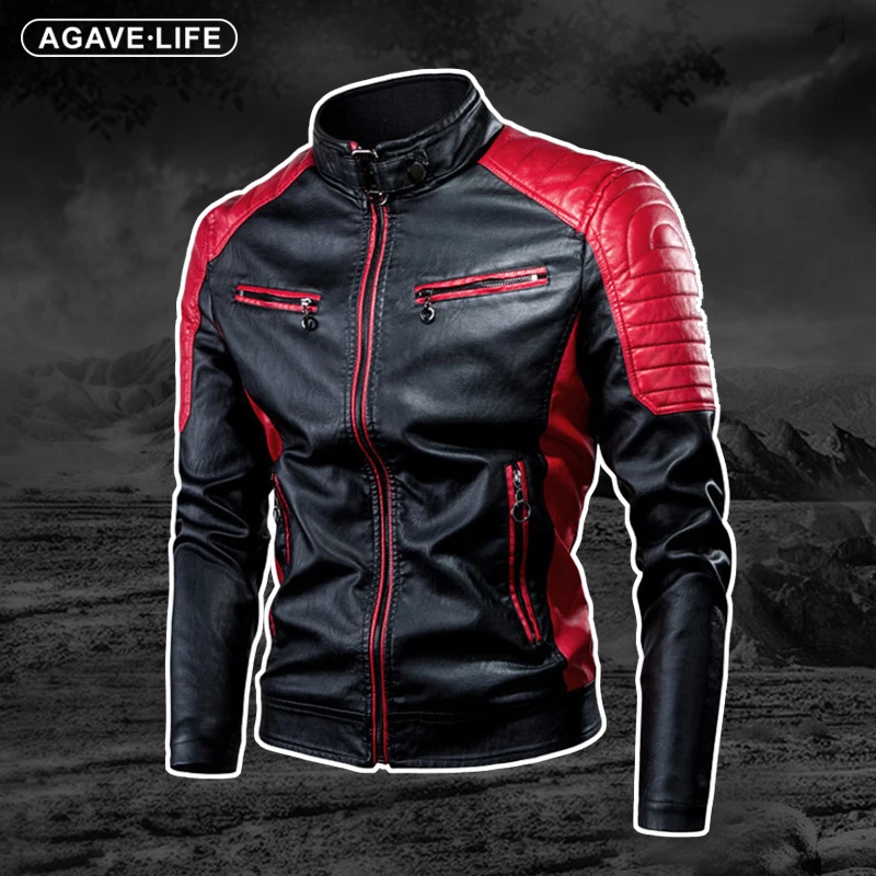 

Куртка мужская кожаная демисезонная с воротником-стойкой и защитой от ветра