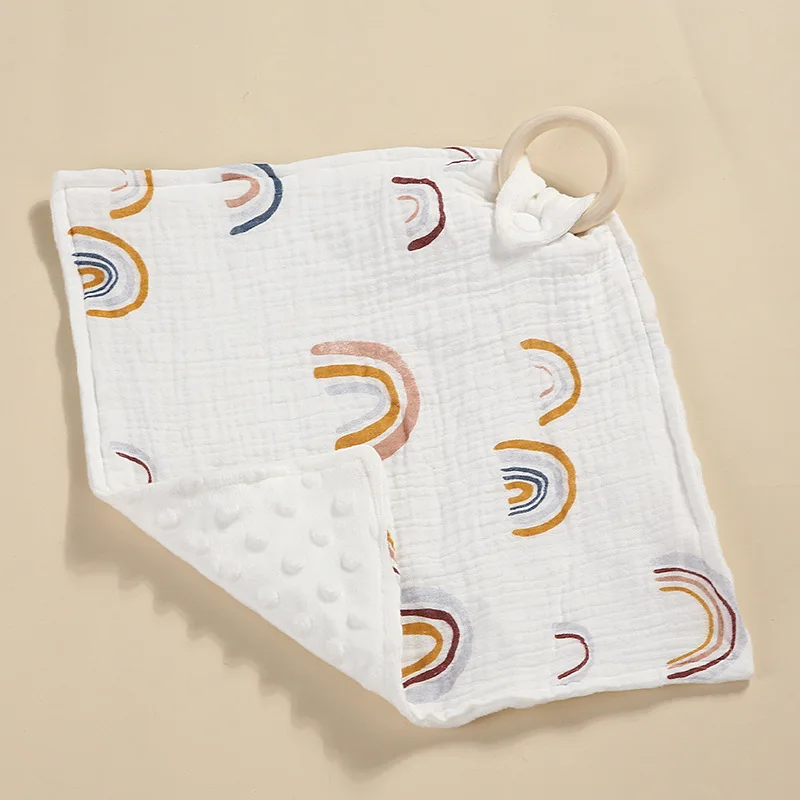 

Muslin Square Towel New Born Soothe Appease Towel Cotton Baby Comforter Burp Cloth Wood Teether Ring Baby Stuff Snap Button