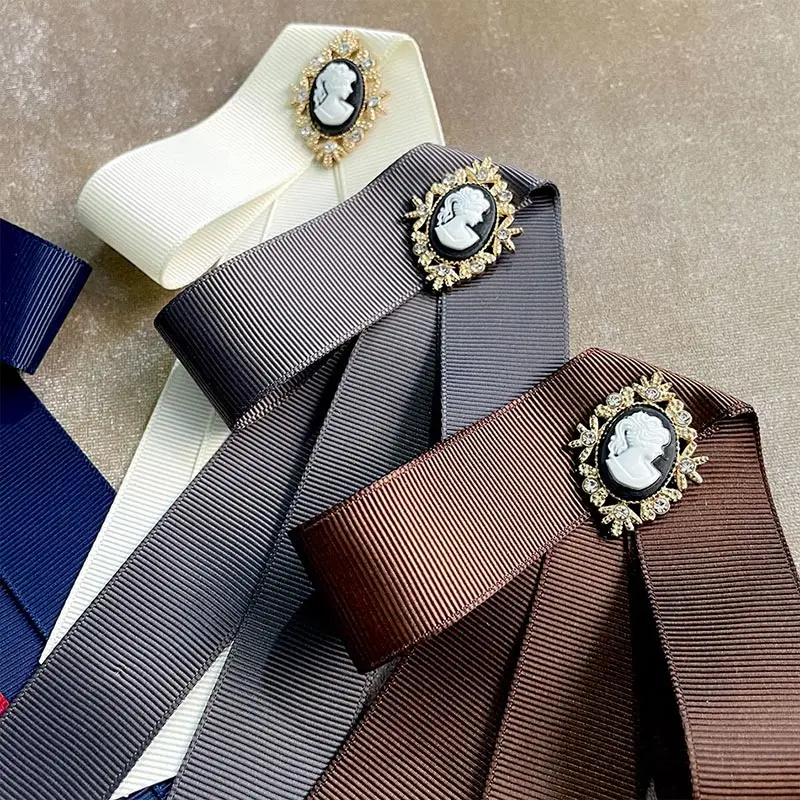 

New Ribbon Bow Tie for Women Girls Rhinestone Pearl Bow Blouse Collar Pin Brooch Bowknot School Student Shirt Bowtie Accessories